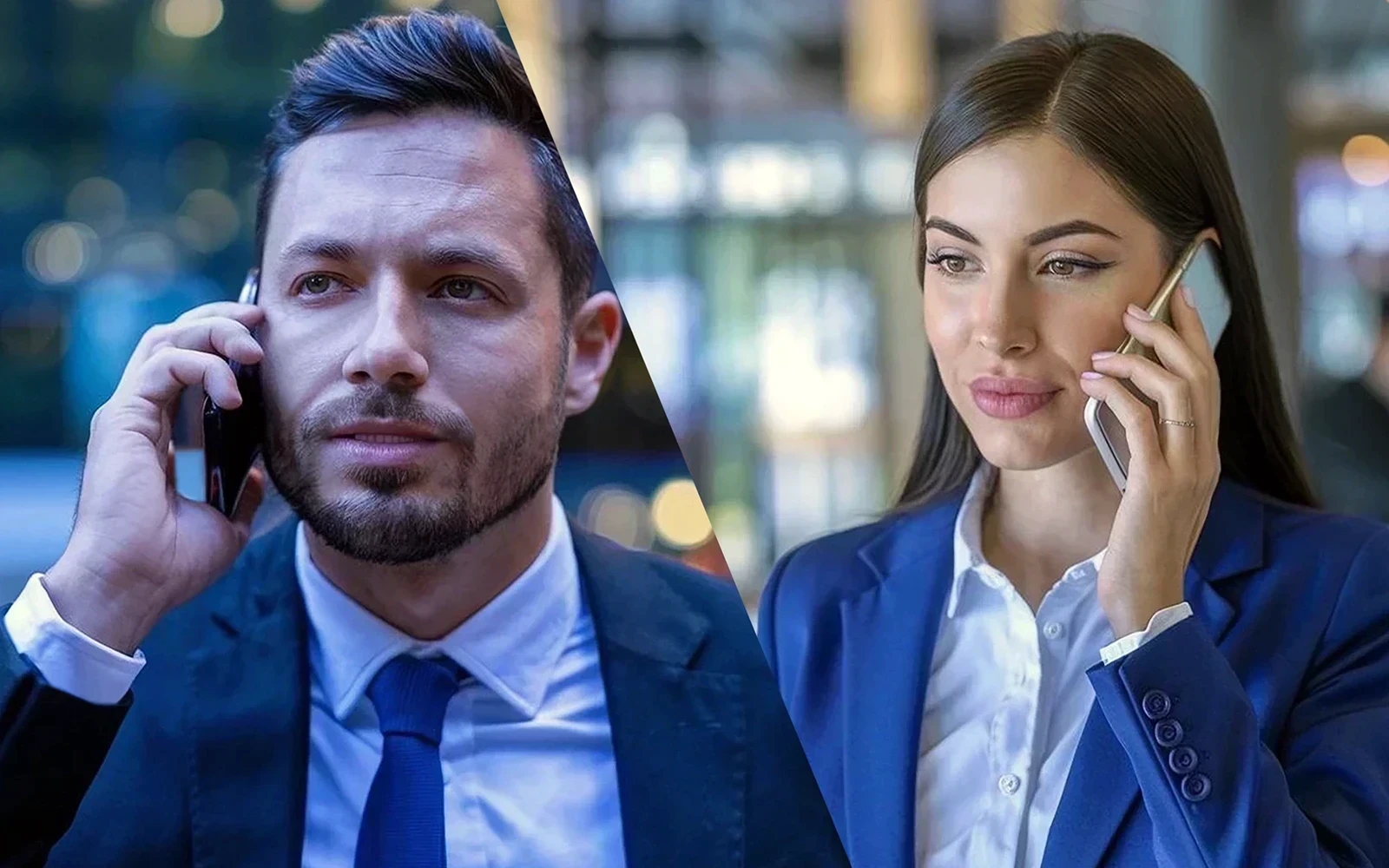 Dos profesionales del derecho en traje formal, un hombre y una mujer, atienden llamadas telefónicas como parte de un servicio de asesoría jurídica en Colombia.